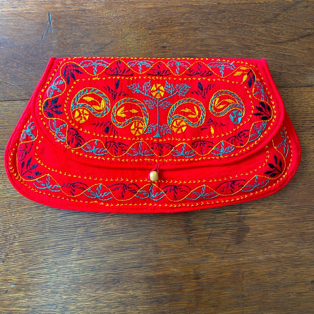 Adorable hand stitched red clutch with 2 lovebirds